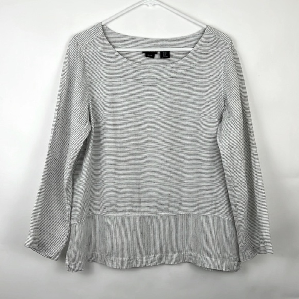 TAHARI 3/4 sleeve pullover top thin black stripes on white linen M